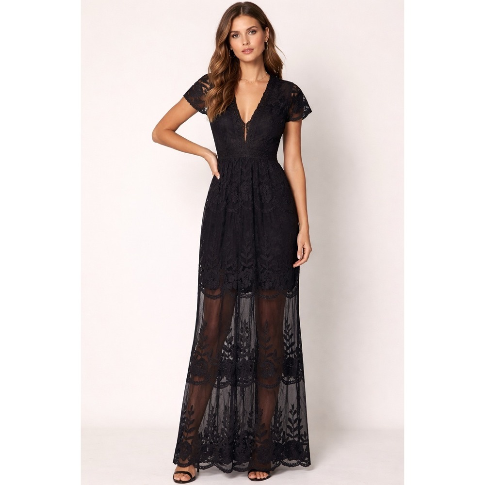 Womens Maxi‎ Dress S Black Fairygrunge Embroidered Sheer Witchy Whimsigoth Vamp